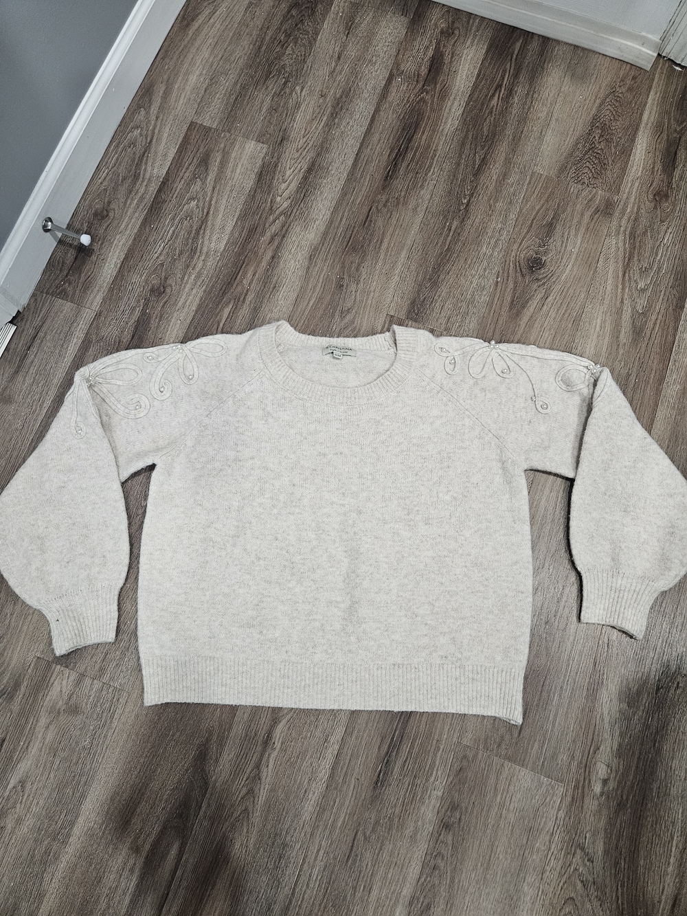 Christina Cream Crewneck Sweater with Shoulder Bead Detail